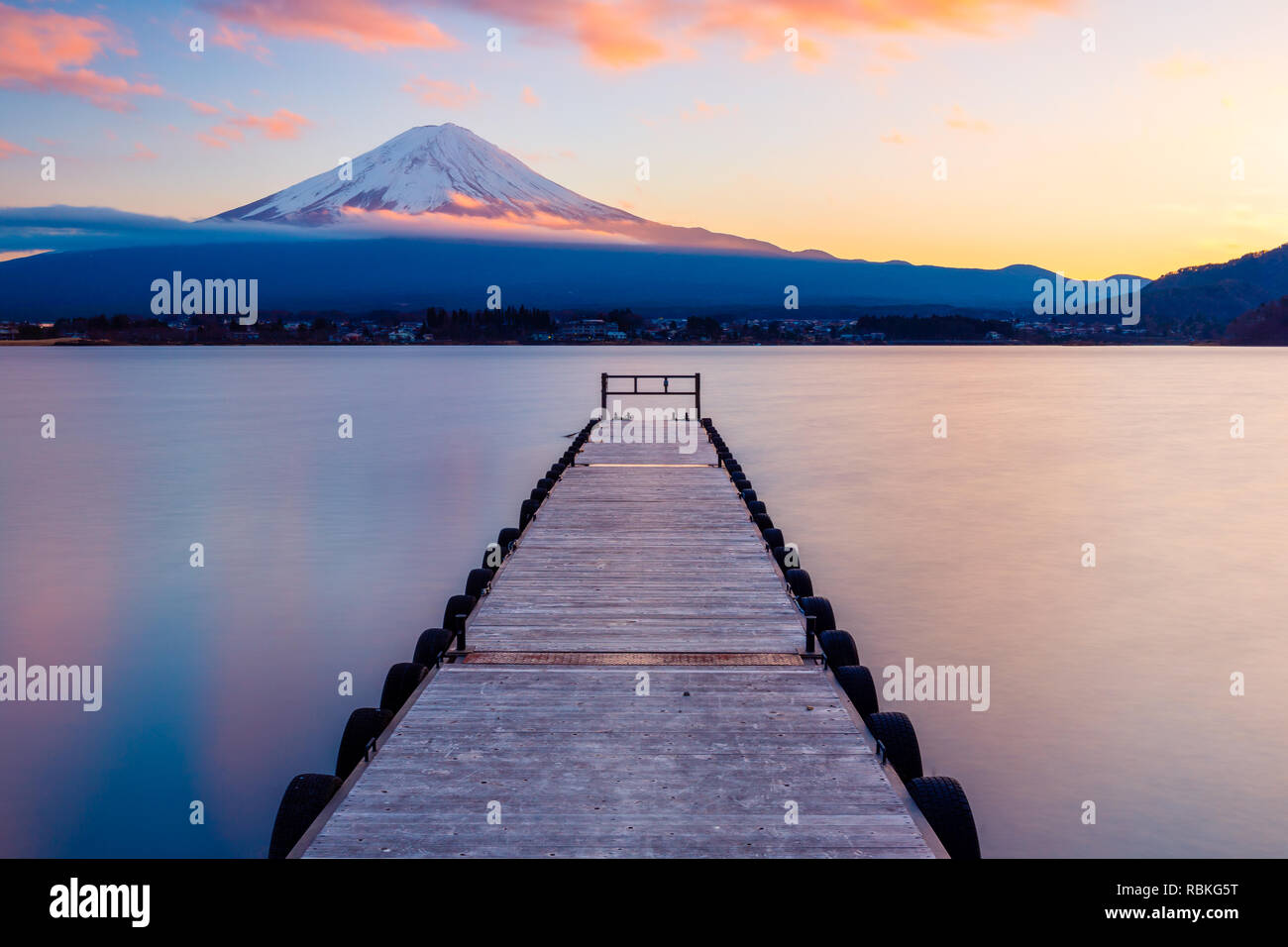Mt. Fuji with a leading dock in Lake Kawaguchi, Japan Stock Photo