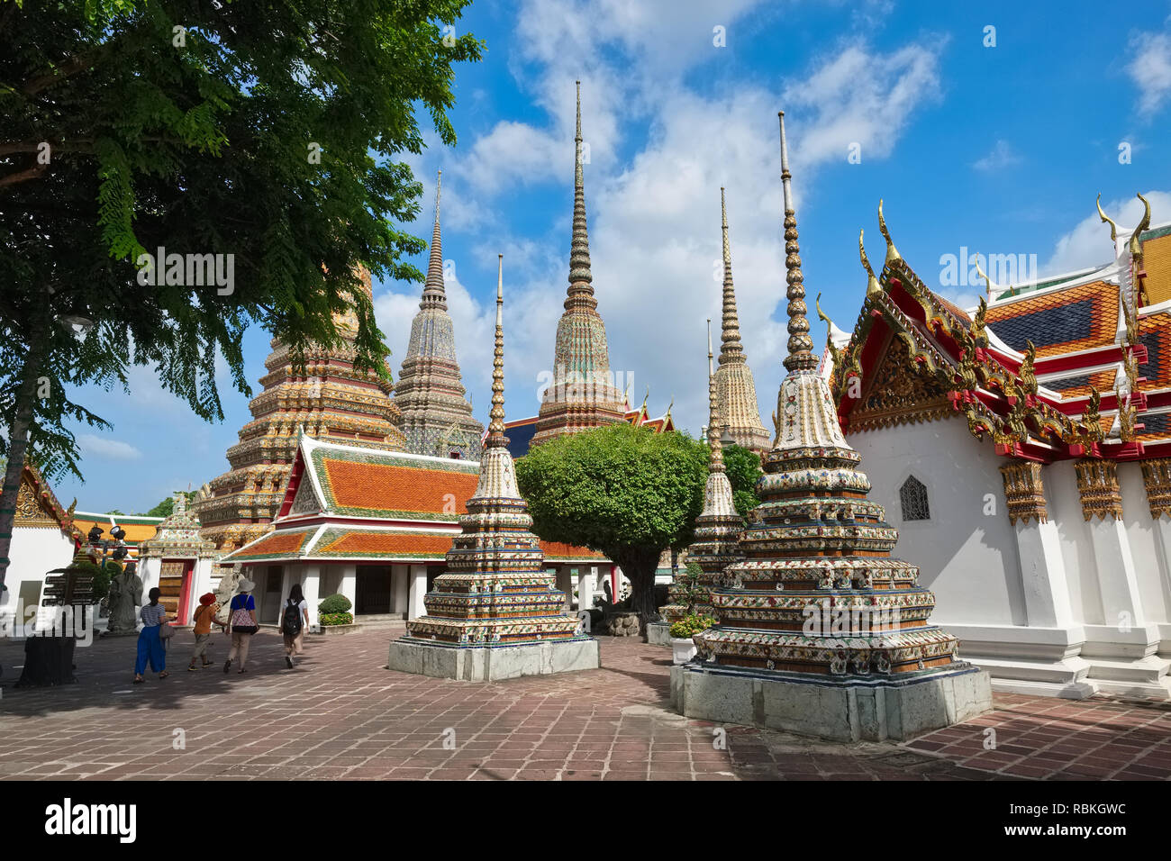 Chedis or stupas in the grounds of Wat Po (Pho) Bangkok, Thailand, the site of the famous Reclining Buddha Stock Photo