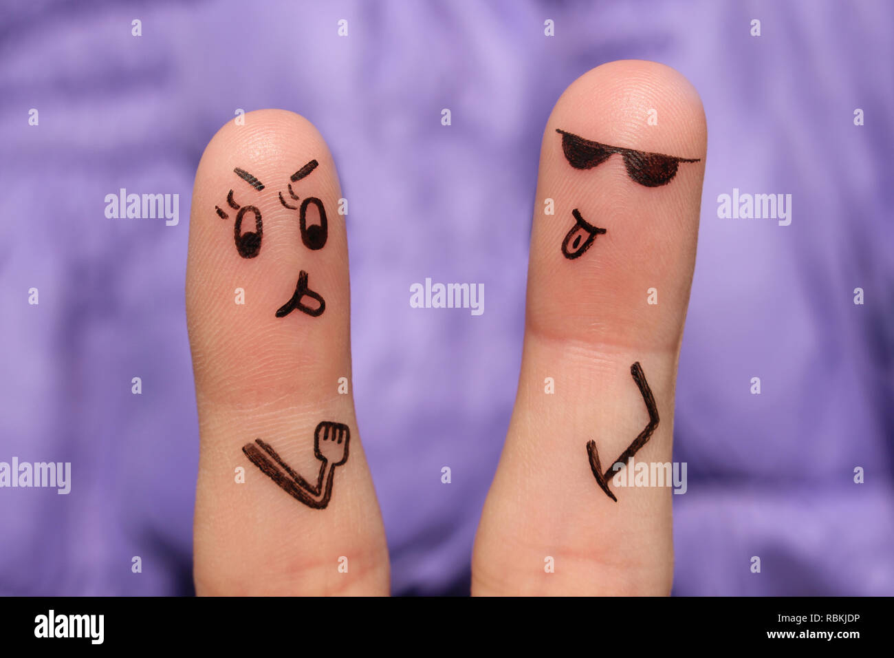 Fingers art of couple. Pair argues, they shows the languages to each other. Stock Photo