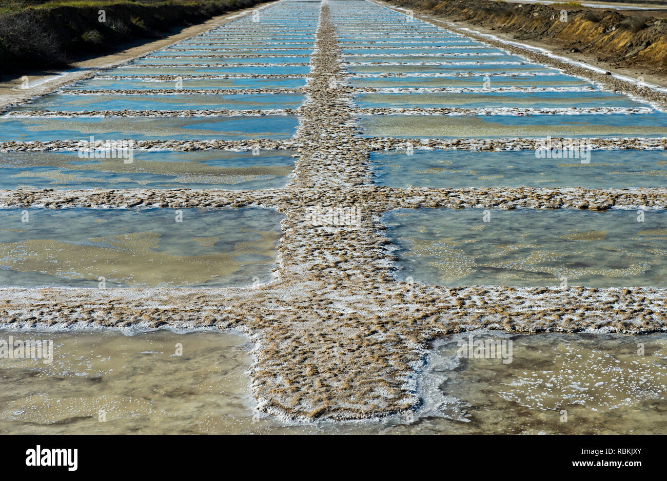 Sea salt production, salt evaporation ponds with crystallized sea salt
