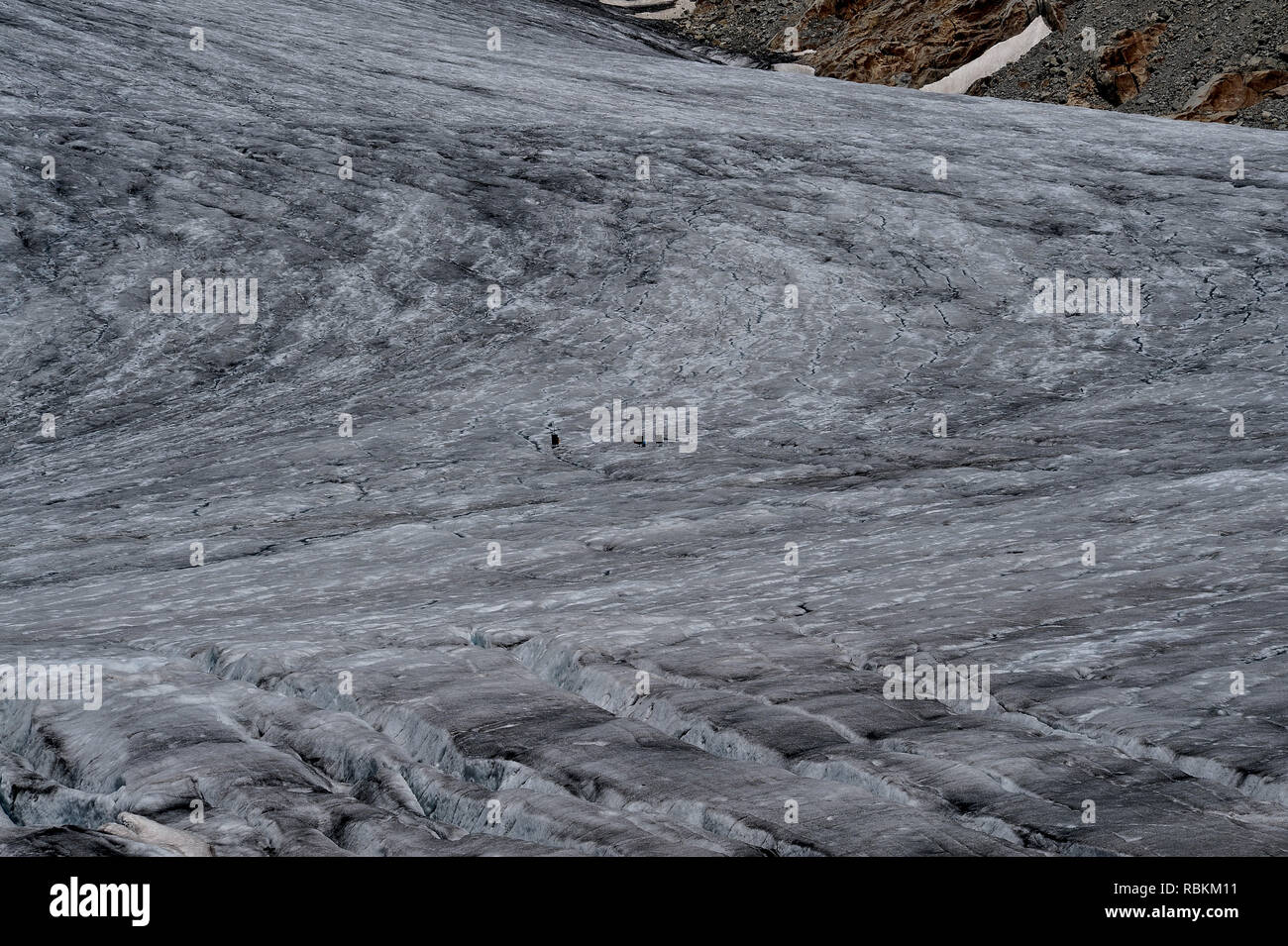 Rhône Glacier, Valais canton, Switzerland: scientists use measuring instruments far out on the glacier to assess faster melting due to global warming. Stock Photo