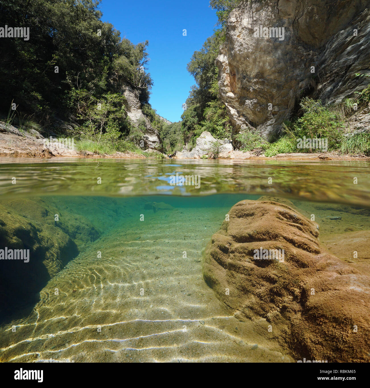 Wild river over and under water surface with rocks and vegetation, La Muga, Catalonia, Spain Stock Photo