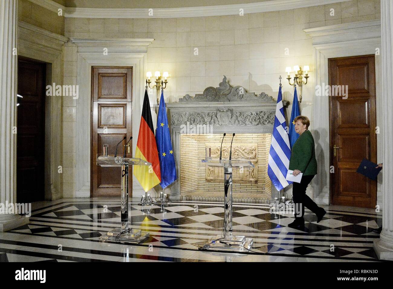 Athens, Greece. 10th Jan, 2019. Chancellor Angela Merkel seen arriving for the statements after meeting, in Maximos Mansion. Credit: Giorgos Zachos/SOPA Images/ZUMA Wire/Alamy Live News Stock Photo