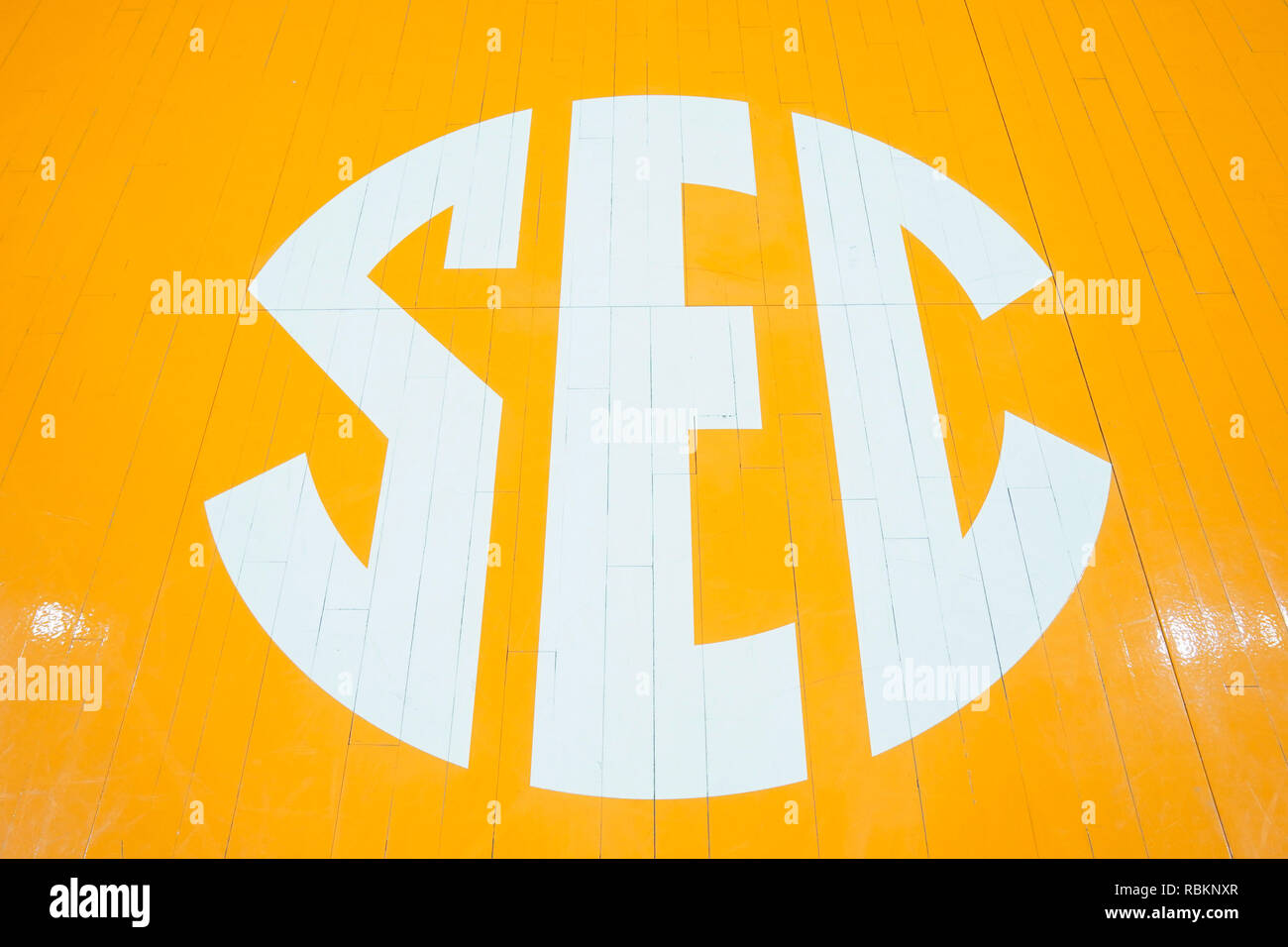 January 10, 2019: The Southeastern Conference Logo on the court before the NCAA basketball game between the University of Tennessee Lady Volunteers and the University of Kentucky Wildcats at Thompson Boling Arena in Knoxville TN Tim Gangloff/CSM Stock Photo