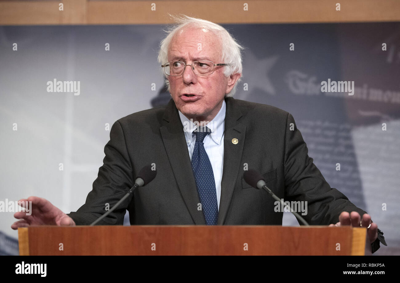 January 10, 2019 - Washington, District of Columbia, U.S. - United States Senator Bernie Sanders (Independent of Vermont) publicly apologizes to female staff members from his 2016 presidential campaign who have said they were sexually harassed by co-workers in the US Capitol in Washington, DC on Thursday, January 10, 2019. In his apology, Sanders thanked the women "from the bottom of my heart for speaking out''. Earlier in the day it was reported that his former campaign manager in Iowa, Robert Becker, had been named in a $30,000 federal discrimination settlement with two former employees Stock Photo