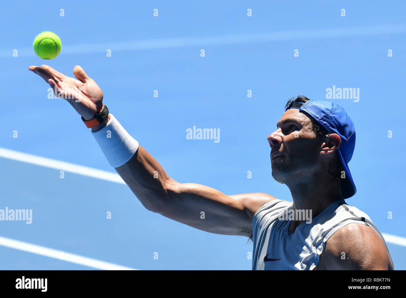January 11, 2019: 2nd seed Rafael Nadal practises on Rod Laver Arena ahead  of the 2019 Australian Open Grand Slam tennis tournament in Melbourne,  Australia. Sydney Low/Cal Sport Media/Sipa USA(Credit Image: &copy;