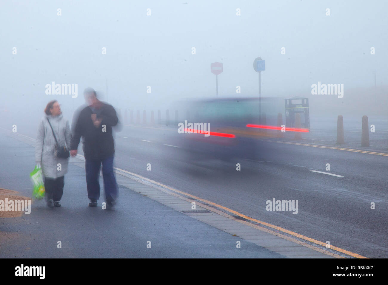 Southport, Merseyside. 11th Jan, 2019.  UK Weather. Foggy start to the day at the coast. Credit: MediaWorldImages/AlamyLiveNews Stock Photo