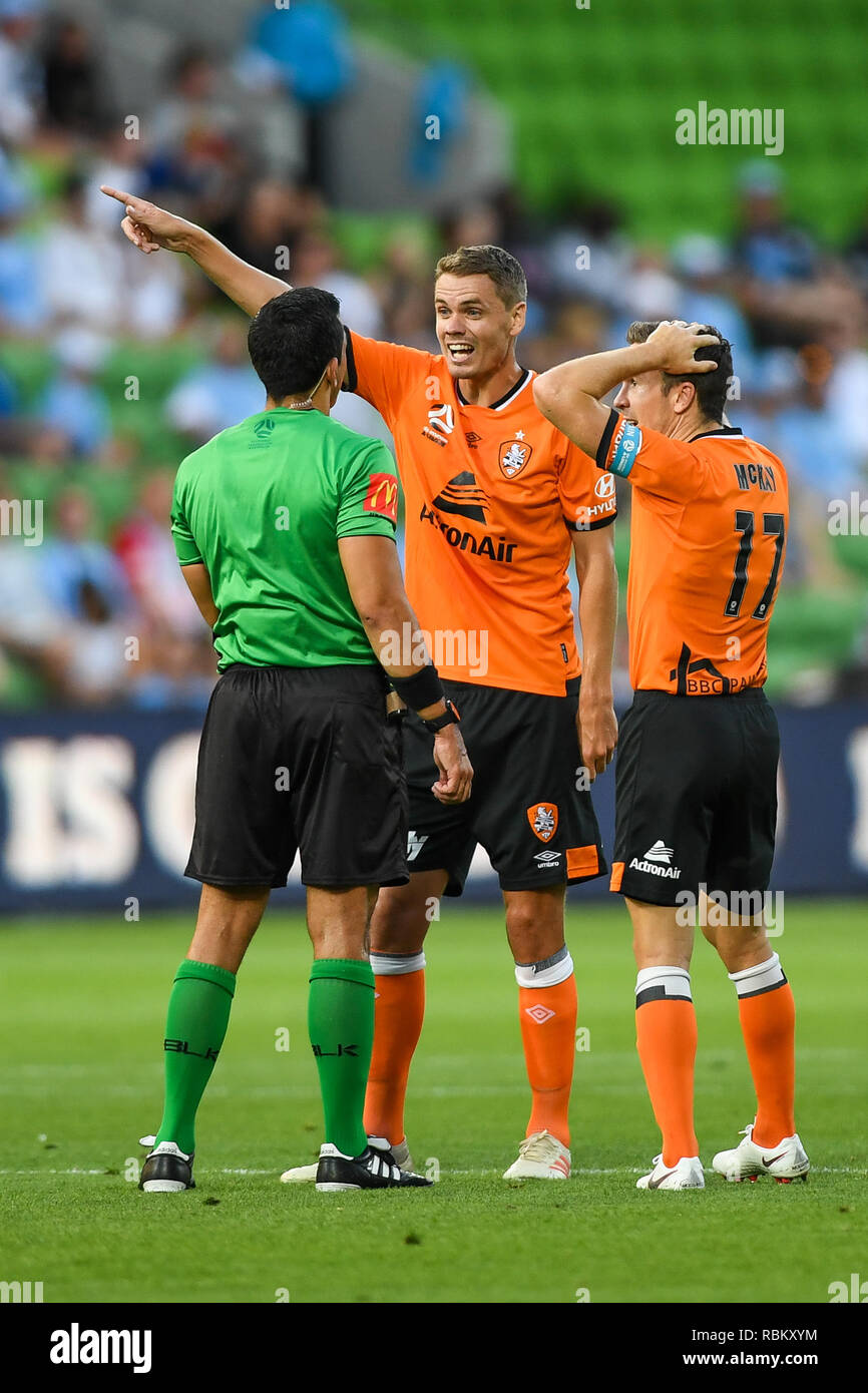 AAMI Park, Melbourne, Australia. 11th Jan, 2019. A League football, Melbourne City versus Brisbane Roar; Thomas Kristensen and Matt McKay of the Brisbane Roar argue with the referee after a goal was dis allowed due to an off side decision Credit: Action Plus Sports/Alamy Live News Stock Photo