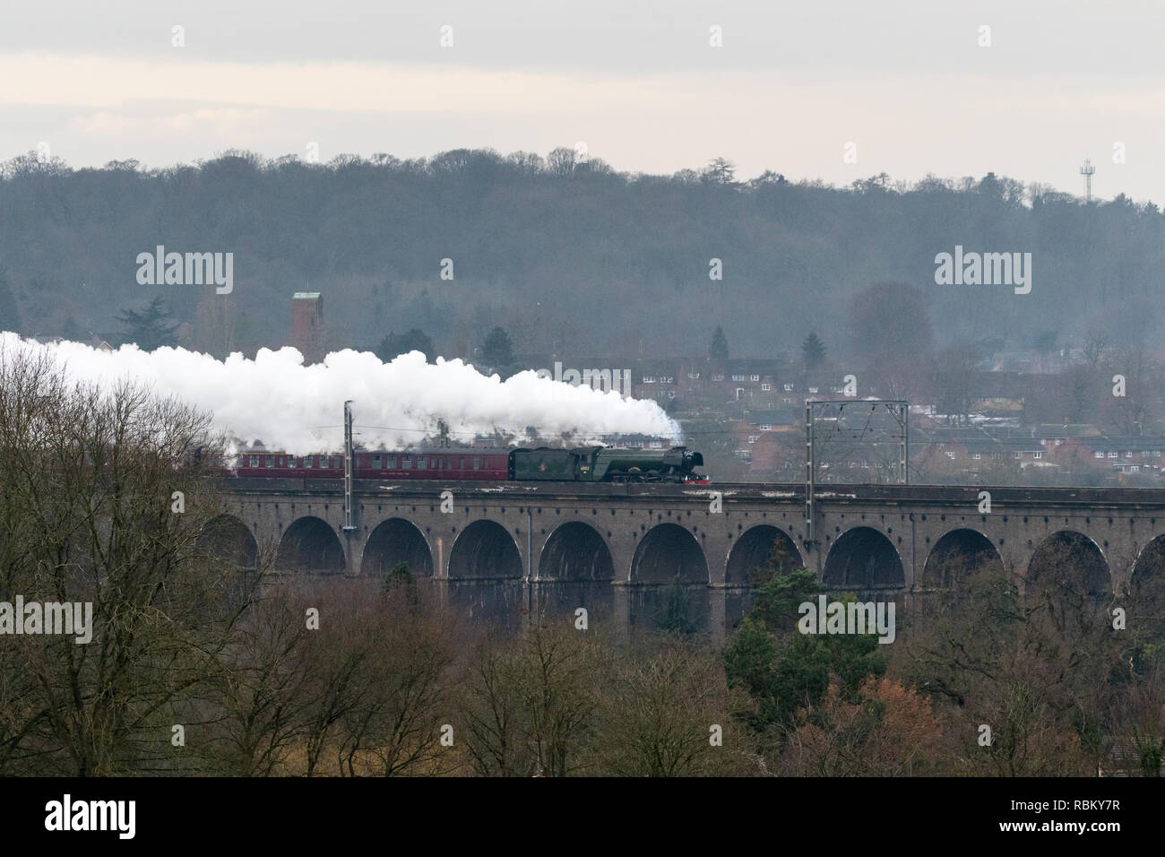 Digswell Viaduct, United Kingdom. 11th January 2019. Sir Nigel Gresley designed Flying Scotsman crosses Digswell Viaduct, north of Welwyn Garden City with 'The Scotsman's Salute', a tribute to the late Sir William McAlpine. Sir William, of the prominent McAlpine construction family, died in 2018. A leading member of the railway preservation movement, he was credited with rescuing Flying Scotsman after financial difficulties left it stranded in the USA. He went on to own the locomotive for over 20 years. Credit: Andrew Plummer/Alamy Live News Stock Photo