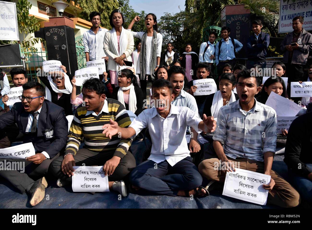 Guwahati, Assam, India. 11th Jan 2019. Guwahati Commerce College students stage a protest and raised slogan against Citizenship (Amendment) Bill, 2016 in Guwahati, Assam, India on Friday, January 11, 2019. India's lower house passed legislation that will grant citizenship to members of certain religious minorities but not Muslims. - The bill covers select groups -- including Hindus, Christians and Sikhs -- who moved from Bangladesh, Pakistan and Afghanistan and who have lived in India for at least six years. Credit: David Talukdar/Alamy Live News Stock Photo