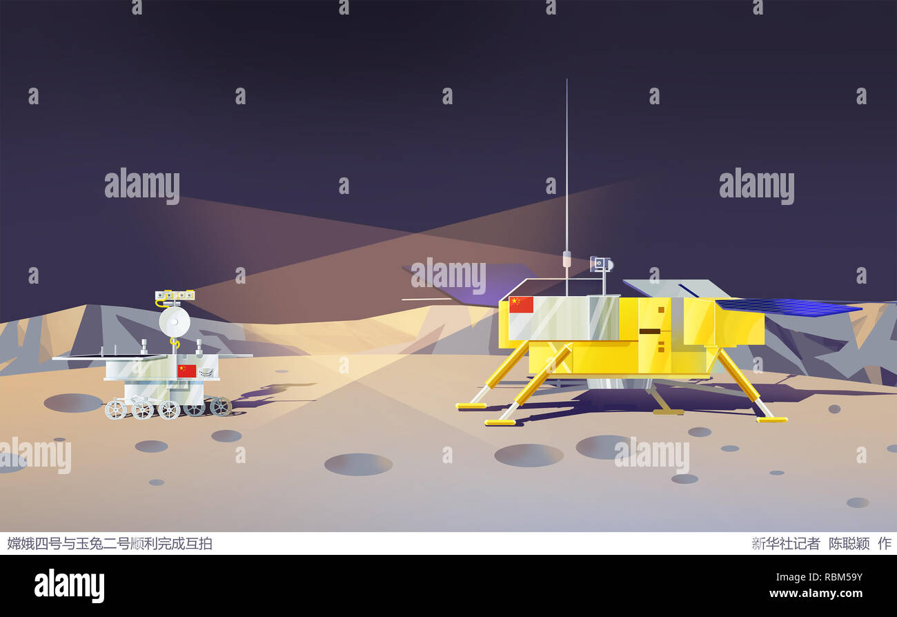 (190111) -- BEIJING, Jan. 11, 2019 (Xinhua) -- An illustration shows the Chang'e-4 lander (R) and the Yutu-2 rover taking pictures of each other. (Xinhua/Chen Congying) Stock Photo