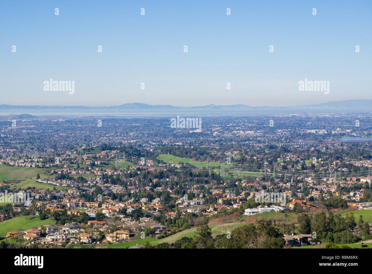 View towards the towns of East San Francisco bay from the trail to Mission Peak, California Stock Photo