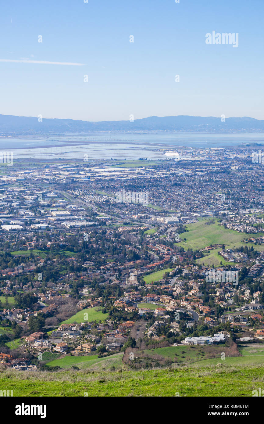 View towards the towns of east San Francisco bay and Dumbarton bridge from the trail to Mission Peak, California Stock Photo
