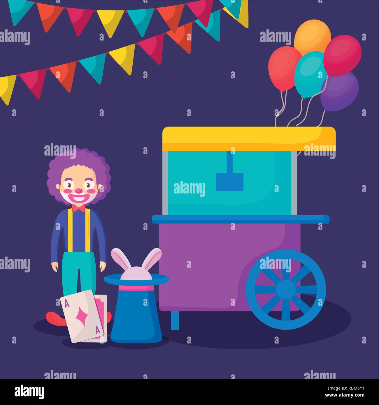 circus clown with pop corn cart vector illustration design Stock Vector