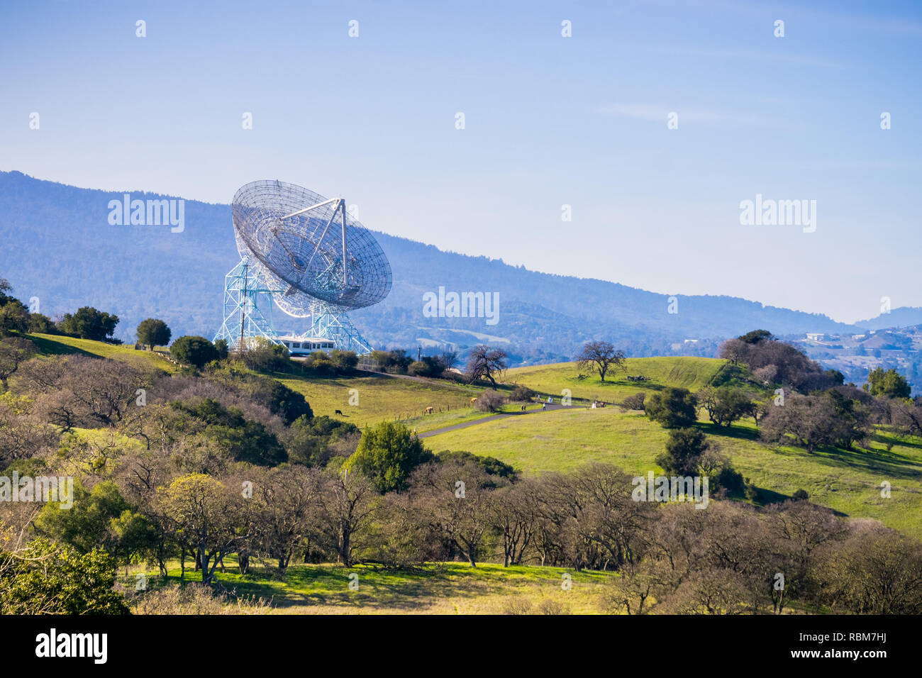 Telecommunications antenna high on green hills on a sunny day Stock Photo