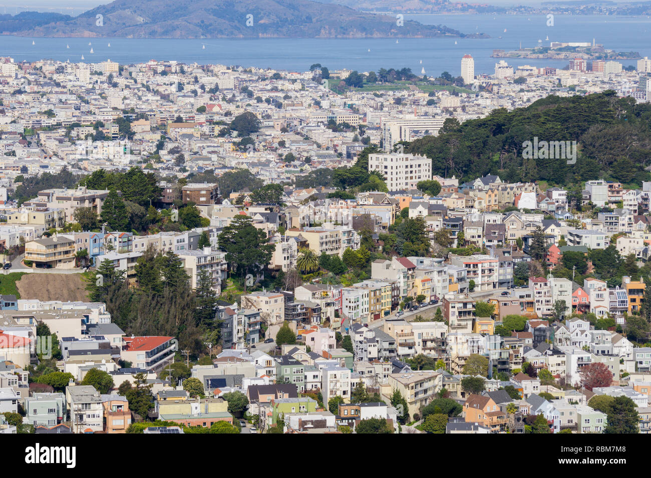 Aerial view of residential areas of San Francisco; San Francisco bay