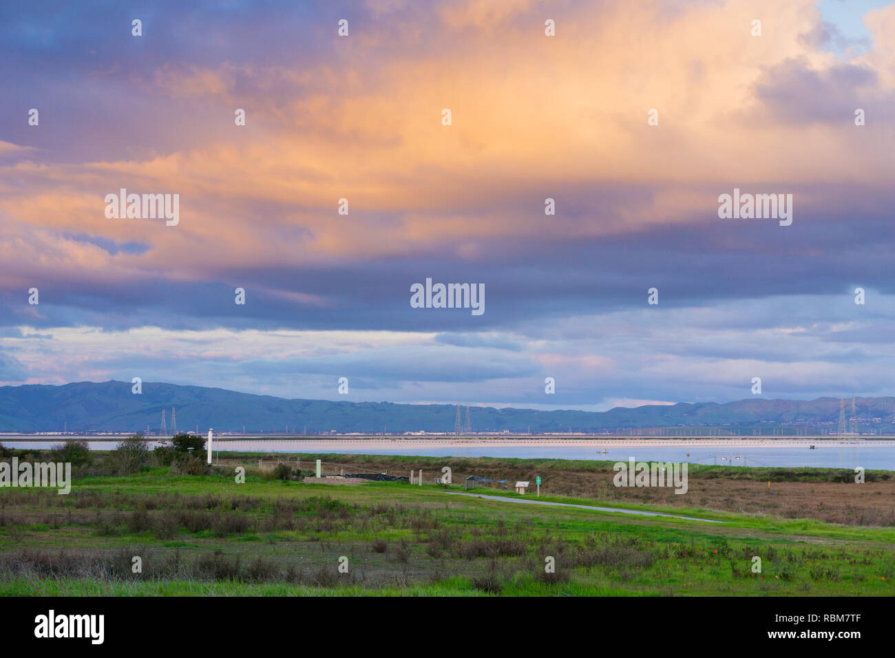 Landscape at sunset in Shoreline Lake Park, Mountain View, Silicon Valley, San Francisco bay, California Stock Photo
