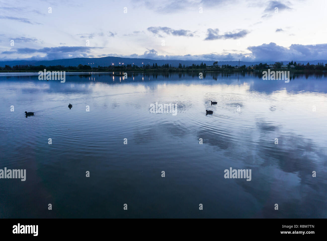 After sunset landscape at Shoreline Lake Park, Mountain View, Silicon Valley, San Francisco bay, California Stock Photo