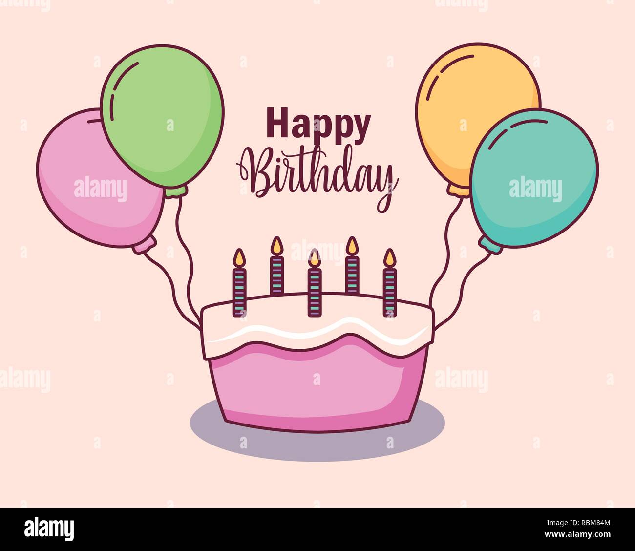 happy birthday card with cake and balloons helium vector illustration ...