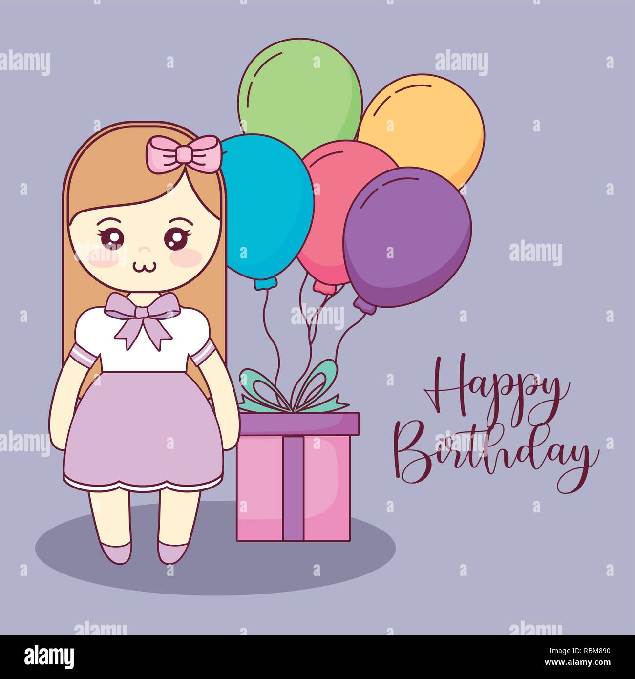 cute little doll happy birthday card vector illustration design Stock