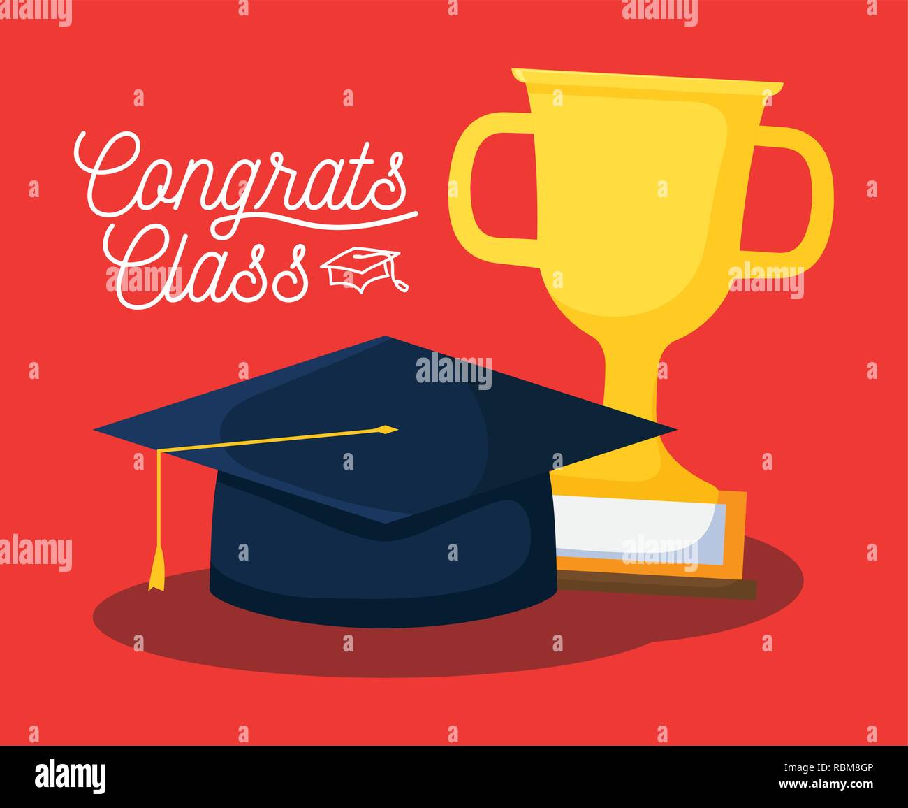 graduation class celebration card with hat and trophy vector ...