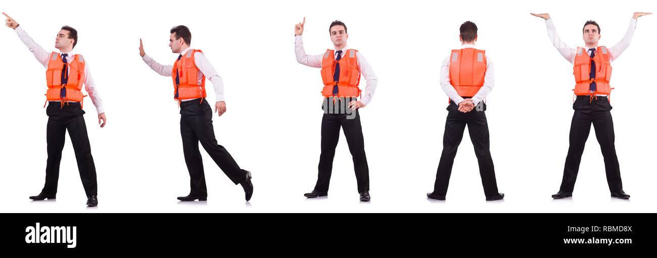Man in life-jacket isolated on white Stock Photo