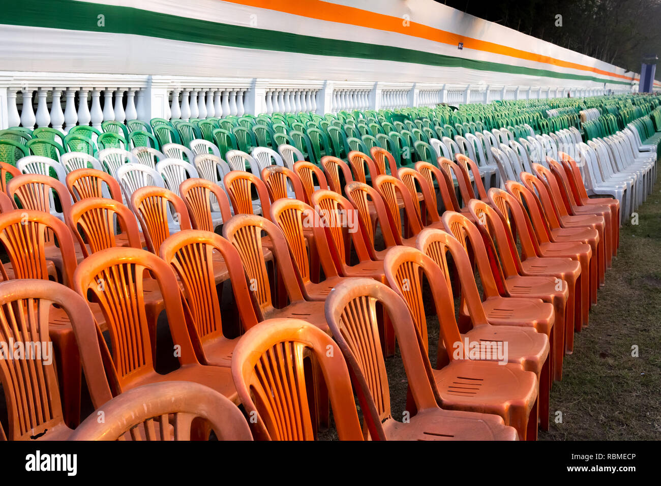 Indian flag colour Plastic chairs, Red Road, Kolkata, West Bengal, India, Asia Stock Photo