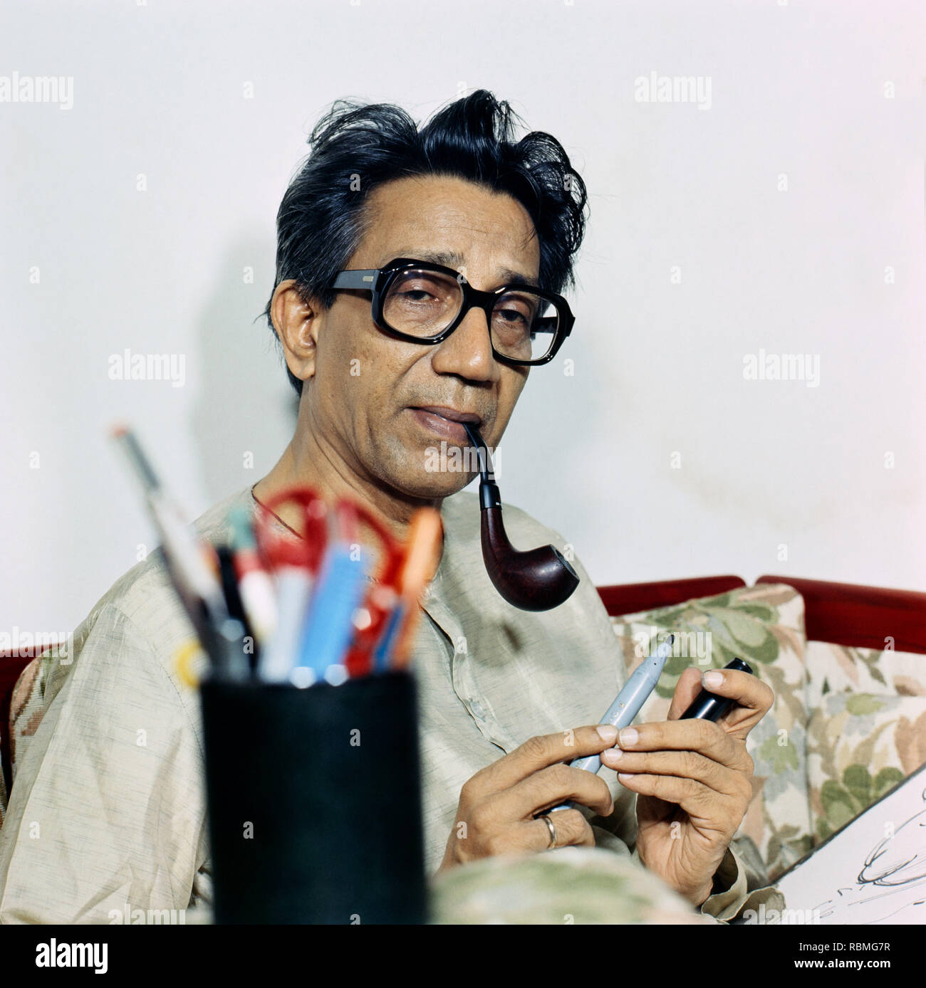 Bal Keshav Thackeray an Indian politician founder of Shiv Sena smoking a pipe, India, Asia Stock Photo