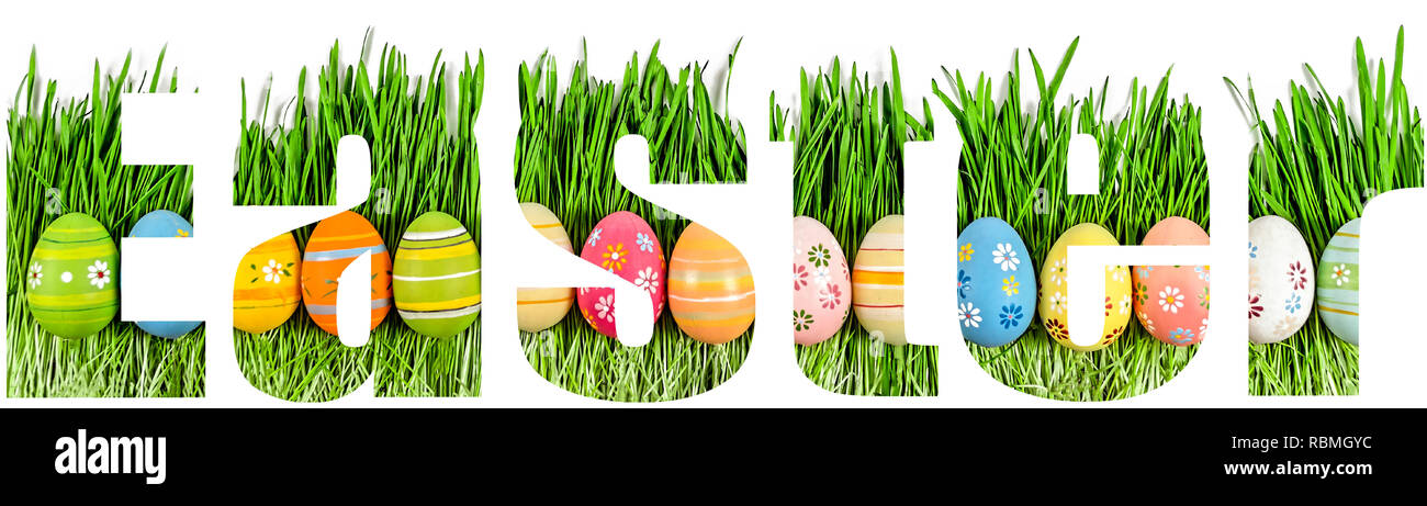 Easter font. Word Easter with transparency of green grass and Easter eggs Stock Photo