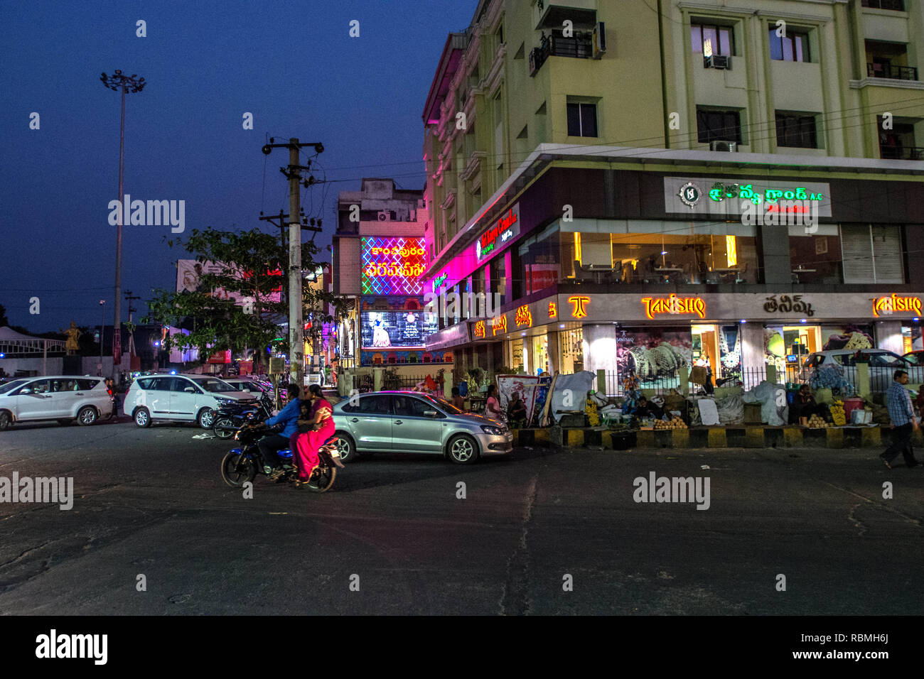 shop neon signs, Rajahmundry, Andhra Pradesh, India, Asia Stock Photo