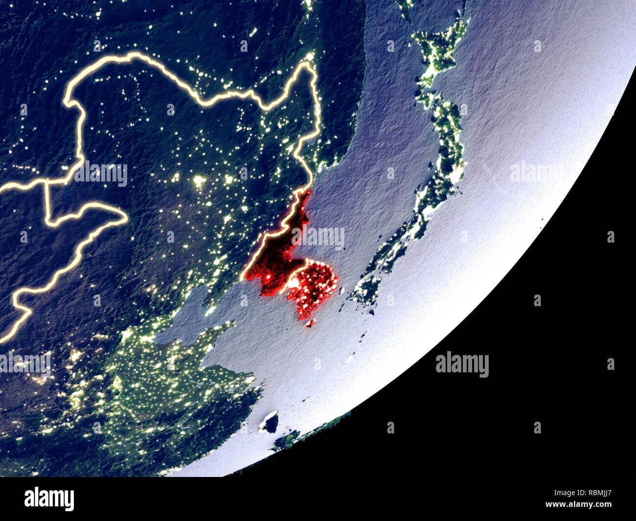 Korea from space on model of Earth at night. Very fine detail of the ...