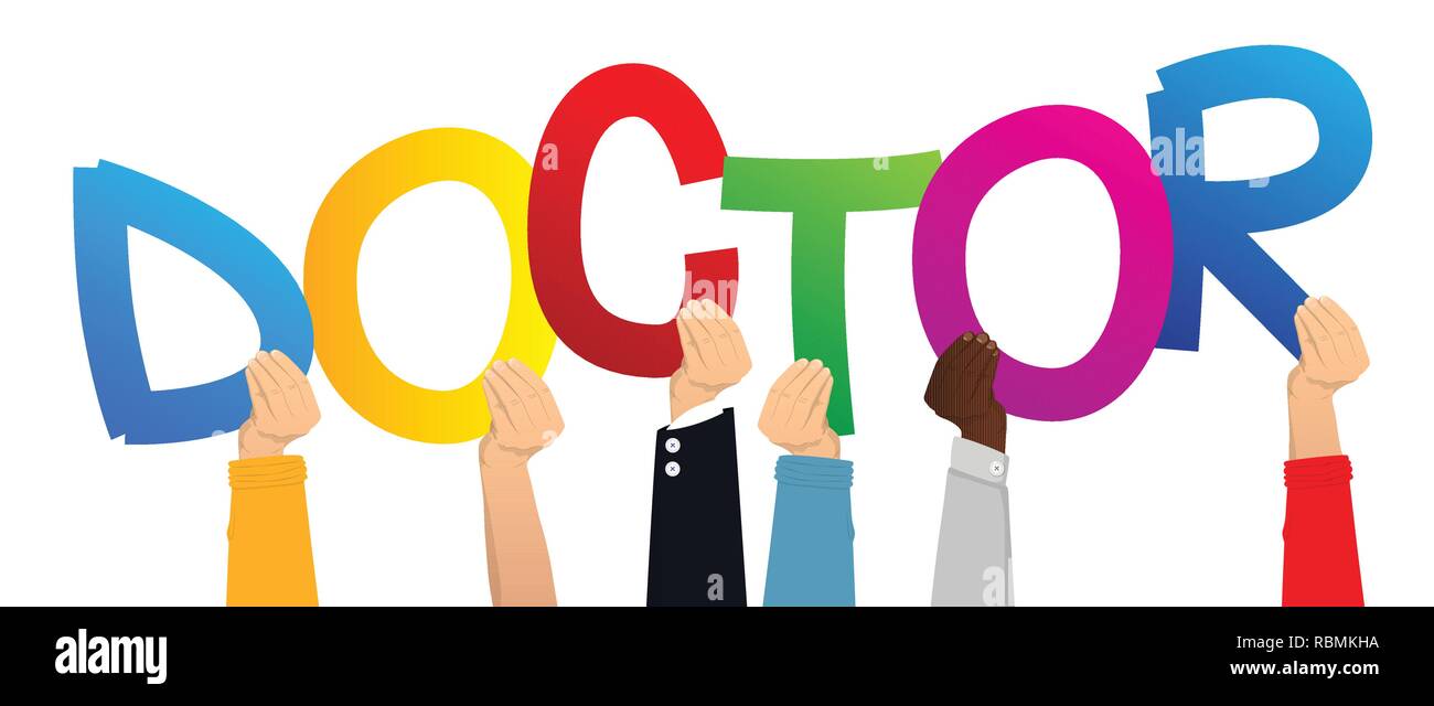 Diverse hands holding letters of the alphabet created the word Doctor