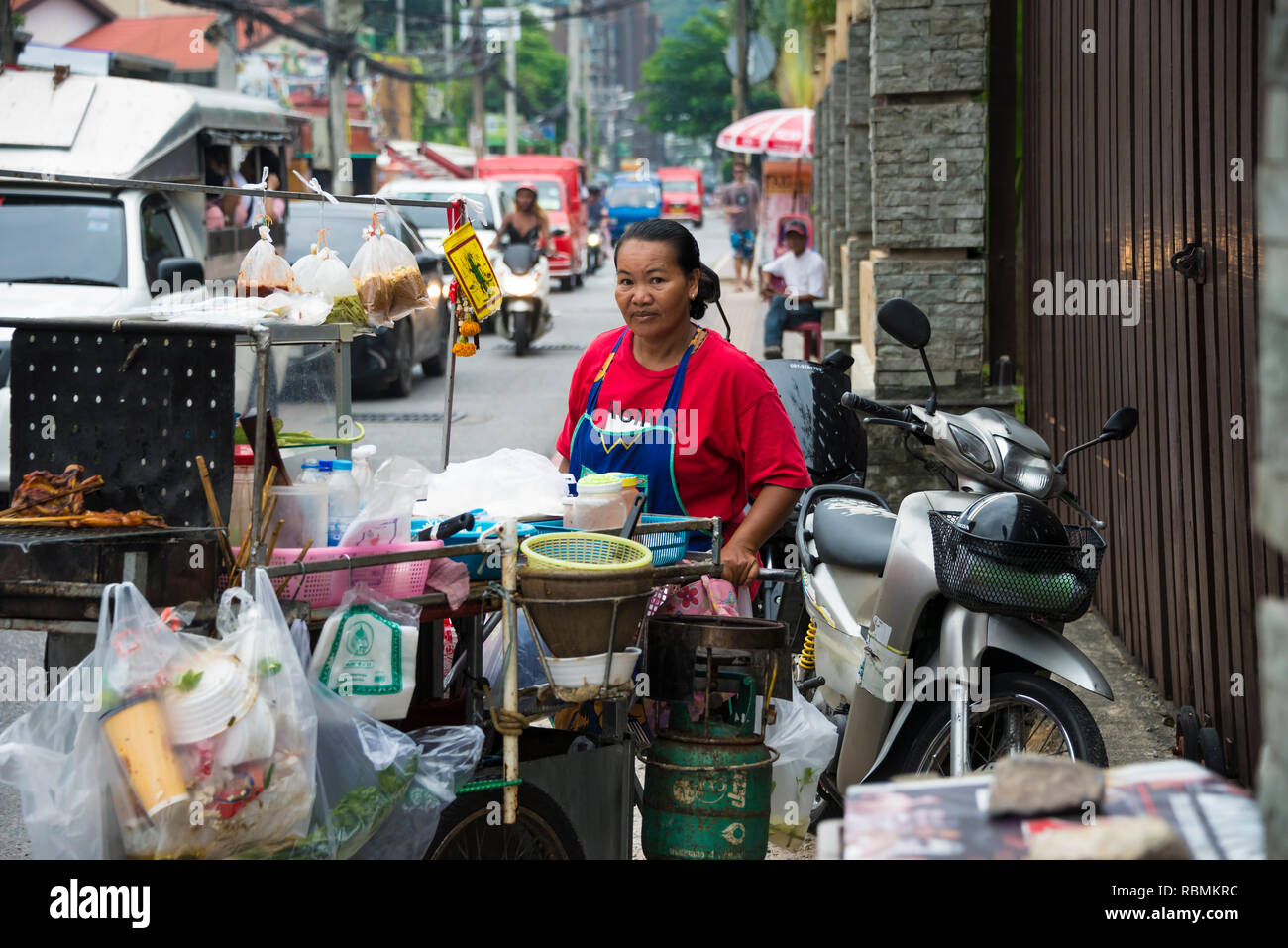 Selling food on the street. Patong island Phuket Thailand 24 December 2018 Stock Photo