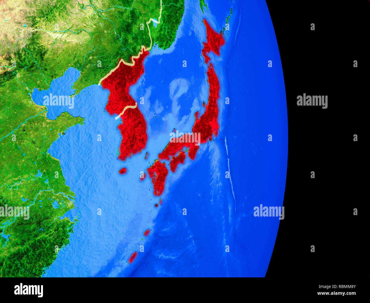 Japan and Korea on realistic model of planet Earth with country borders ...