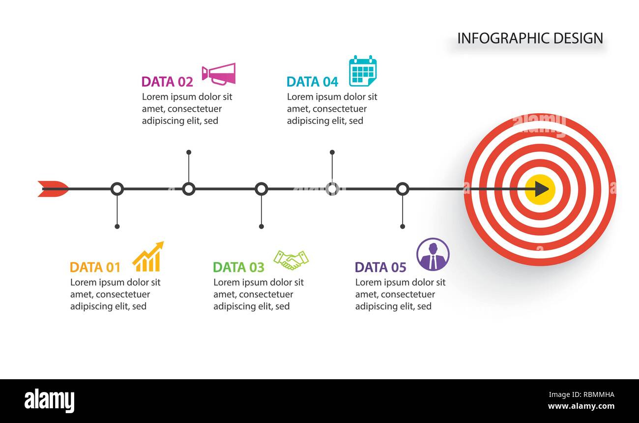 5 Infographic business with bow arrow and Target for timeline presentation concept. Stock Vector