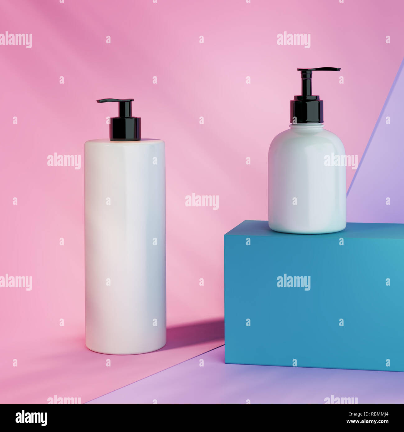 Trendy realistic mock up of cosmetics bottles. Modern bright still life bundle on violet pink background and blue box. 3d illustration template.  Skin Stock Photo