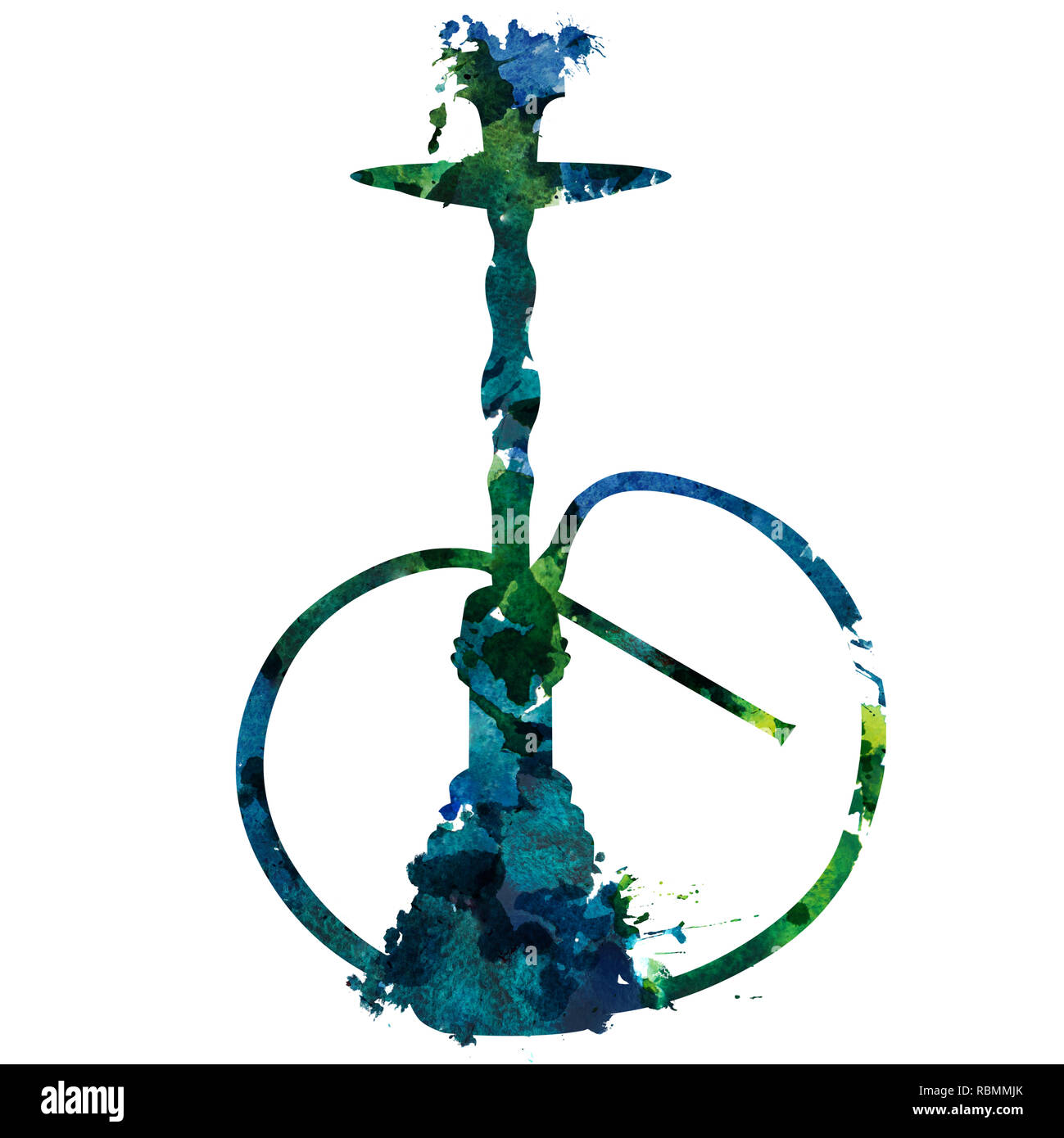 2d hand drawn illustration for lounge bar. Indigo green blue watercolor splash blot in shape of oriental hookah isolated on white background. Stock Photo