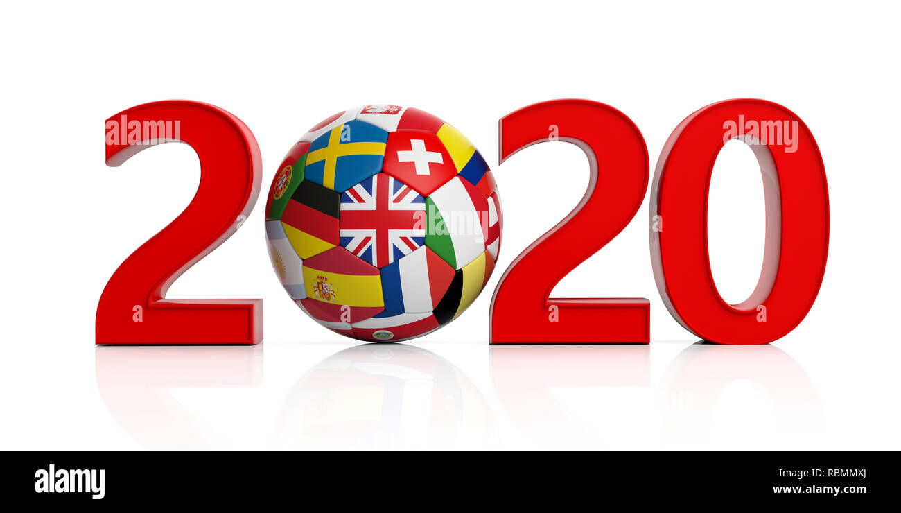 2020 soccer, football. New year 2020 with flags soccer football ball