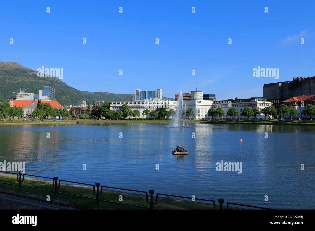 View across the lake, Lille Lungegårdsvannet, in Bergen city, Norway, towards the KODE 4 museum and other buildings during the summertime. Stock Photo
