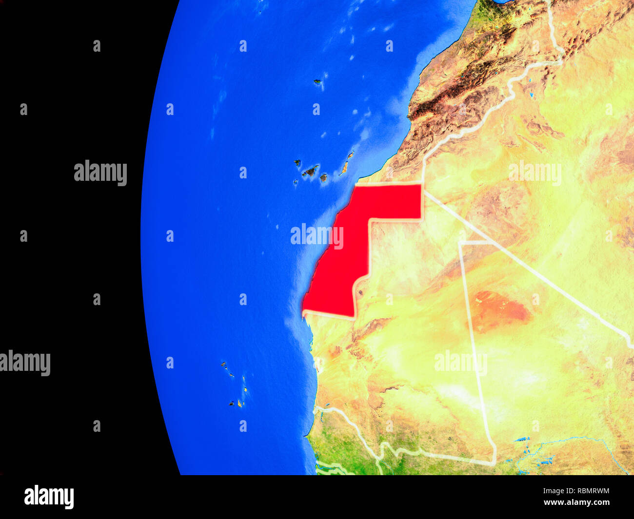 Western Sahara from space on realistic model of planet Earth with ...