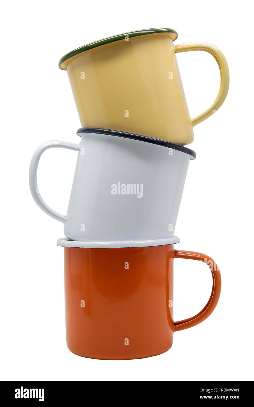 Stack of many colours tin cup isolate on white background with clipping