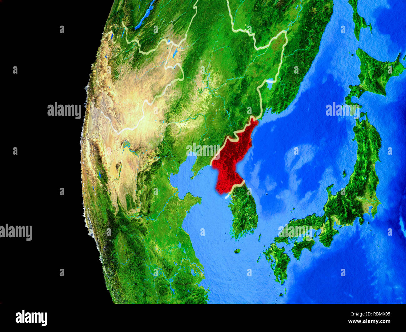 North Korea from space on realistic model of planet Earth with country ...