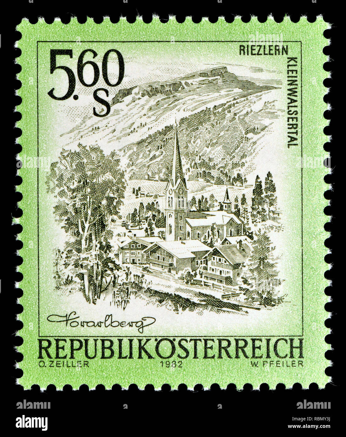 Austrian definitive postage stamp (1982) : Riezlern Kleinwalsertal Stock Photo