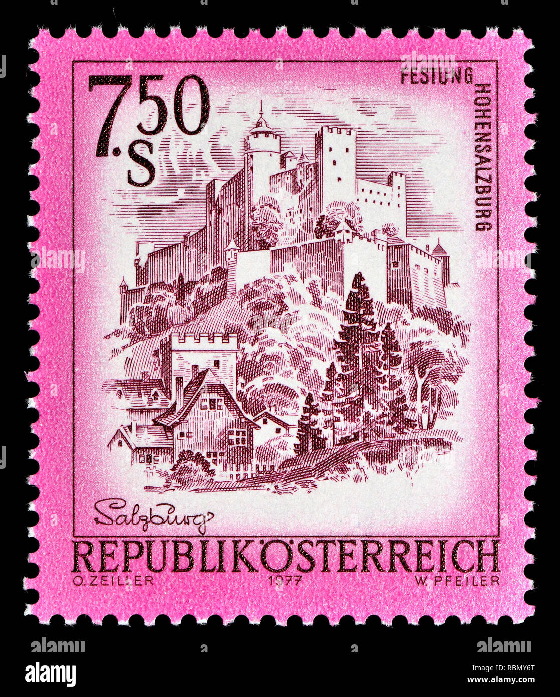 Austrian definitive postage stamp (1977) : Festung Hohensalzburg / Salzburg Castle Stock Photo