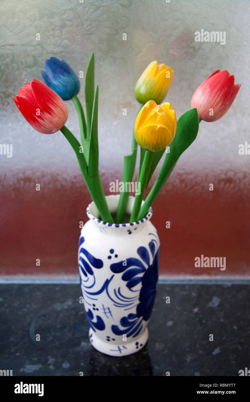 Wooden Flowers in Vase Stock Photo Alamy