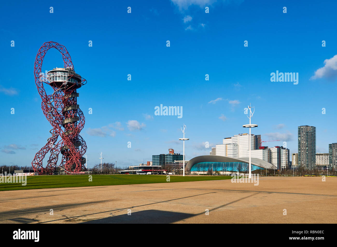 Queen Elizabeth Olympic Park at Stratford, East London UK, with the Arcelormittal Orbit Stock Photo