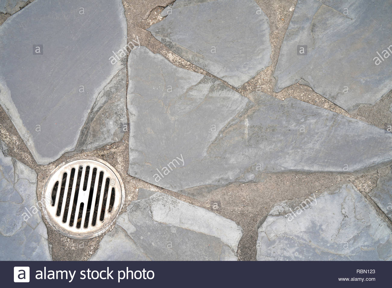 Water Drain And Black Stone Or Rock Floor Decorated Stock Photo