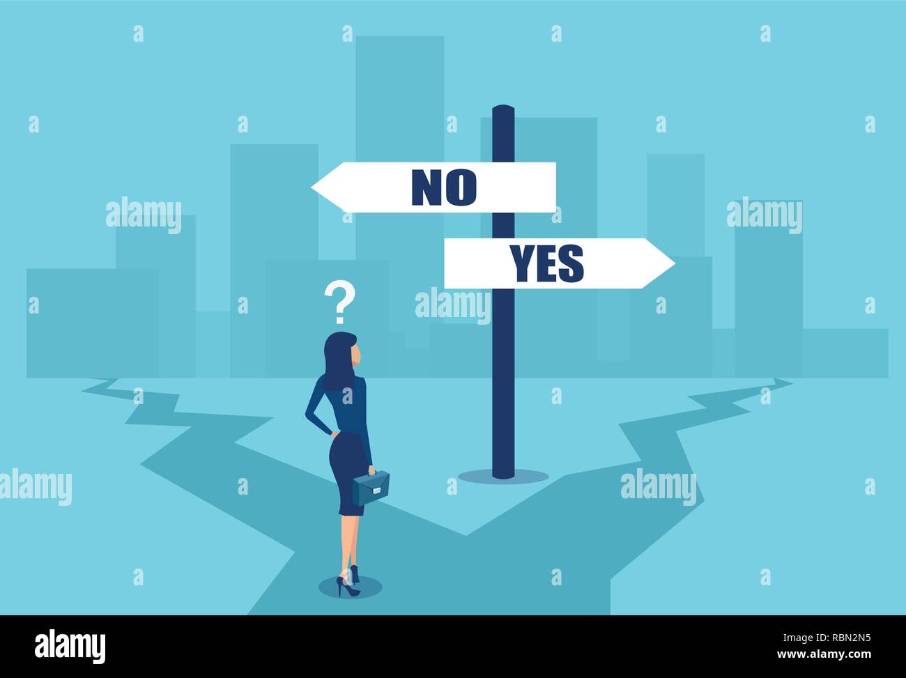 Vector of a confused businesswoman in difficult position making a choice at crossroads. Business decisions concept Stock Vector