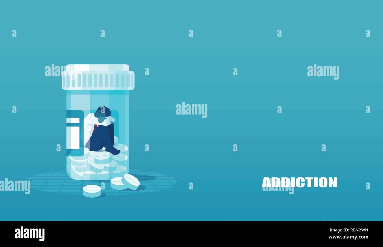 Vector of a sick sad patient man in depression drowning in medications sitting inside a bottle. Concept of drug addiction. Stock Vector