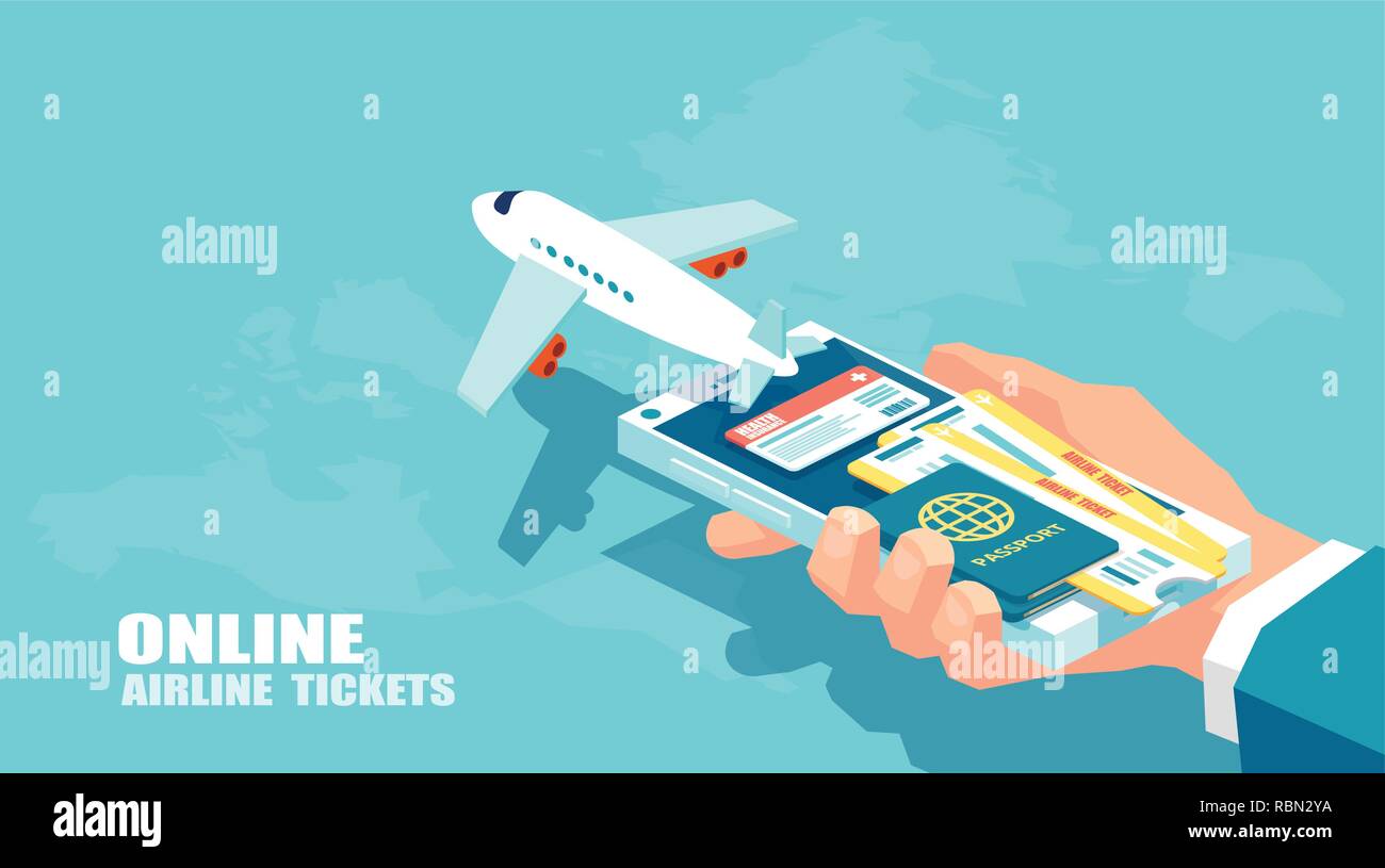 Booking airline tickets and traveler insurance online concept. Vector of travel, business flights worldwide. Boarding pass Stock Vector
